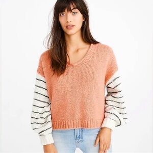 Madewell Peach V-Neck Sweater with Striped Sleeves